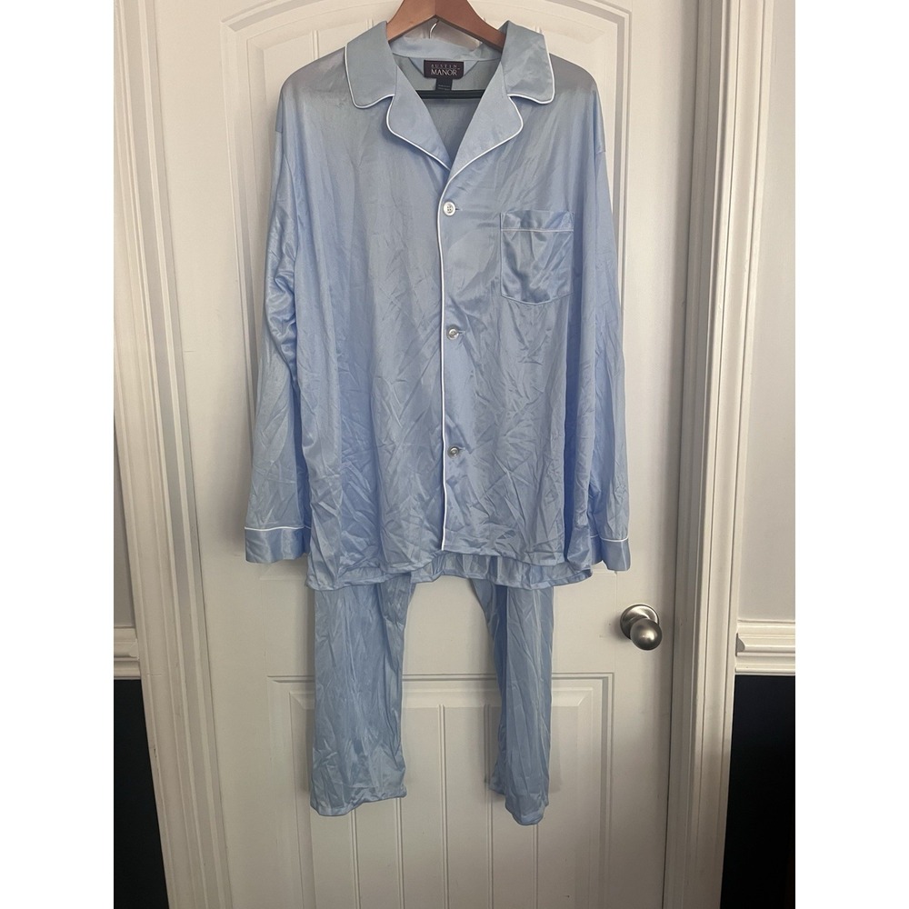 Austin Manor Mens Pajamas Silky Blue Long Sleeve Long Pants Set XL 369